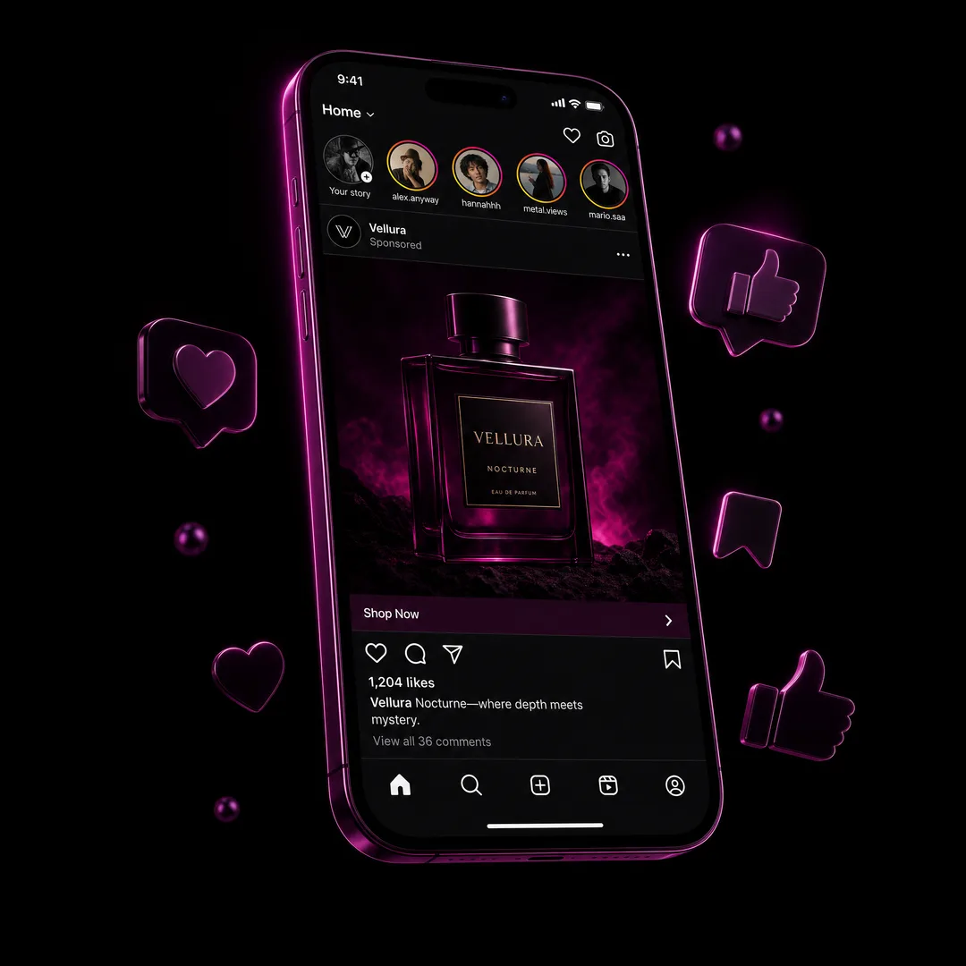 Meta ads visual — smartphone with glowing ad feed